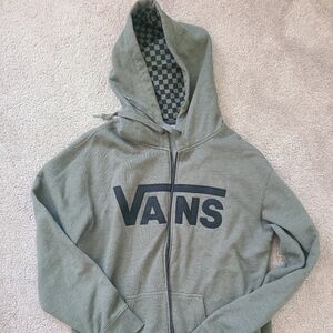 VANS Men's Large Hoodie Olive Green Zipper Checkerboard Hood